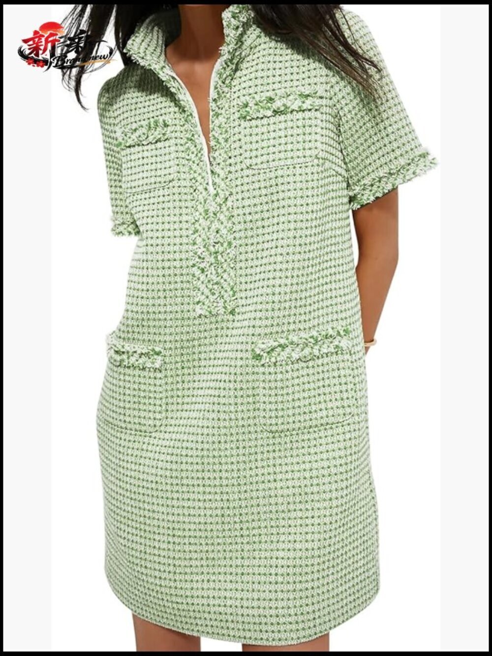 Tweed Mini Dress V-Neck Short Sleeve Bodycon Shift Work Casual